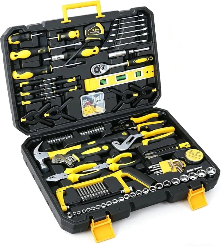 158-Piece Hand Tool Box Set, Complete Mechanics Kit with Wrenches and Sockets for Household Repairs