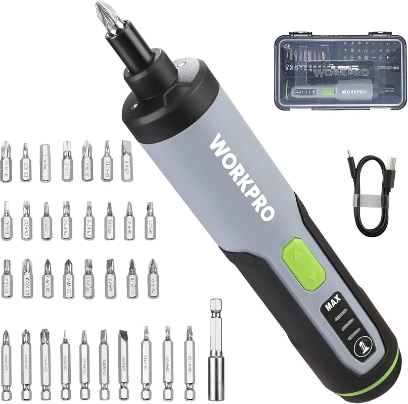 WORKPRO 3.6V Cordless Electric Screwdriver Set with 35 Bits, LED Light, and USB Rechargeable Design