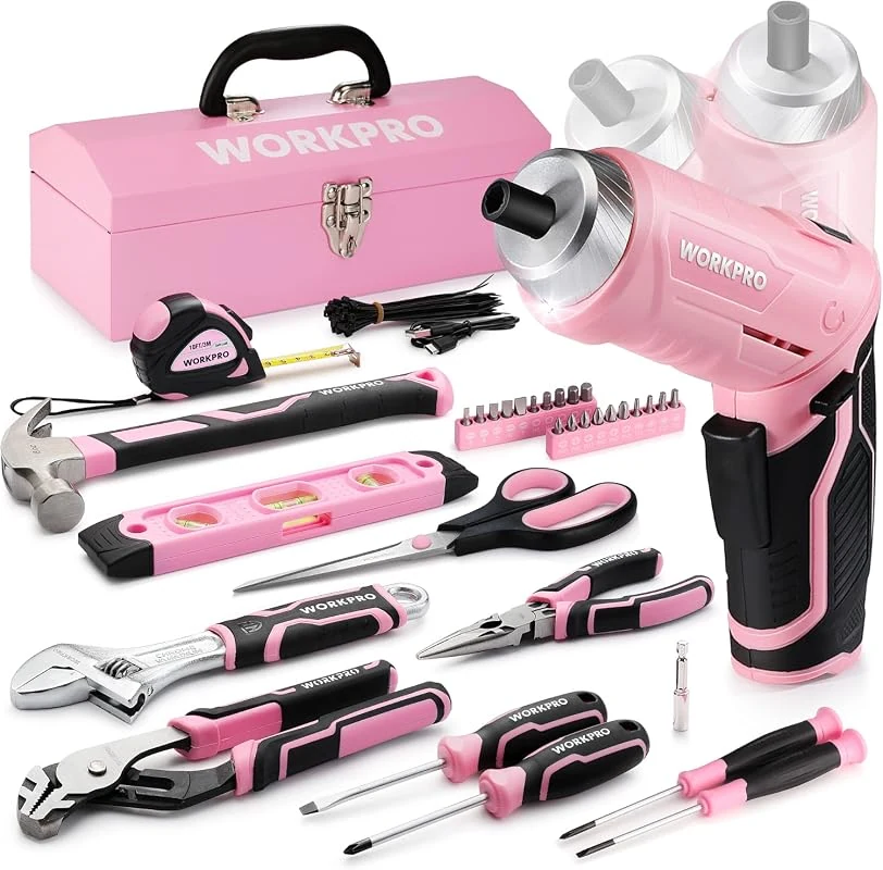 WORKPRO 73-Piece Pink Tool Set with Cordless 3.7V Screwdriver for DIY and Home Repair