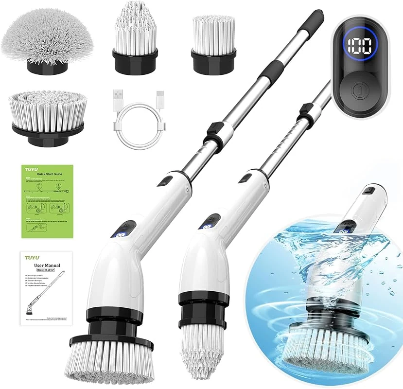TUYU Electric Spin Scrubber with IPX7 Waterproof Design, LCD Display, and Adjustable Handle for Efficient Bathroom Cleaning