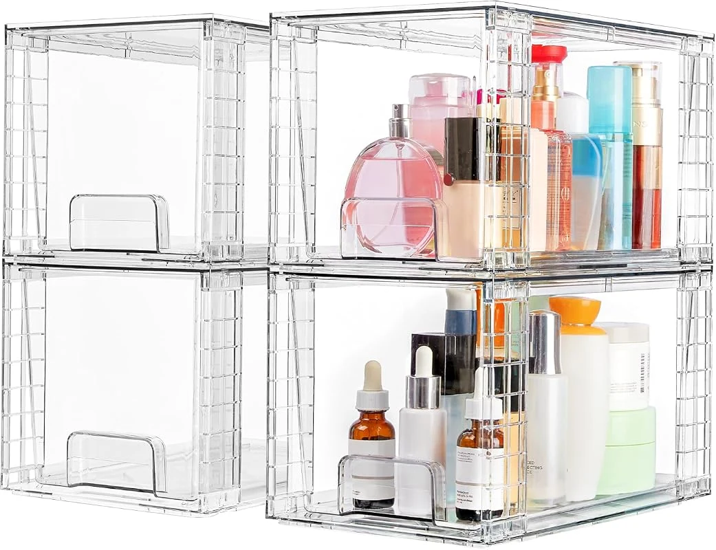 Vtopmart 4 Pack Acrylic Stackable Storage Bins for Makeup - Easy Assembly for Bathroom and Kitchen Organization
