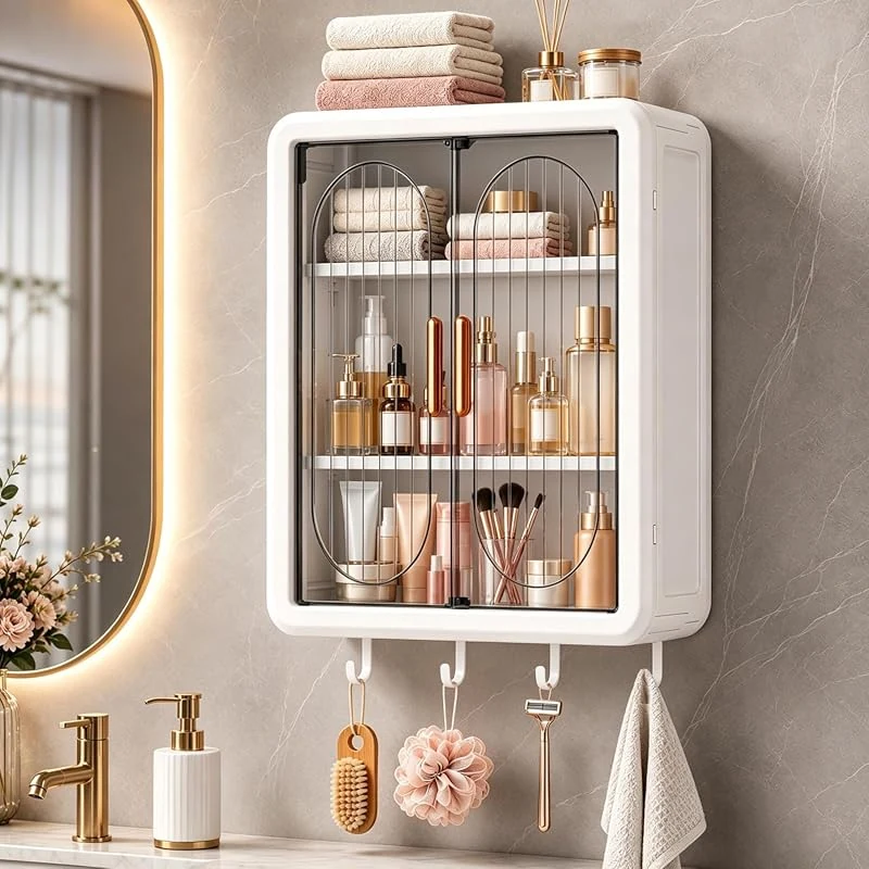 No-Drill Wall-Mounted Bathroom Storage Cabinet, 3-Tier Organizer with Dustproof Double Doors