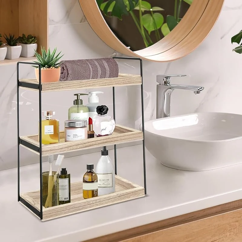 Stylish BeyondLuv 3-Tier Wooden Bathroom Organizer Shelf for Skincare and Vanity Storage