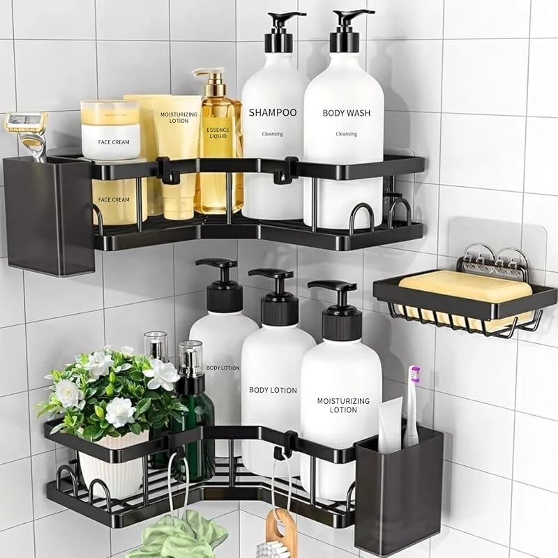 Yoawllty 3 Pack Corner Shower Caddy: Adhesive, No Drilling Bathroom Organizer Shelves with Hooks