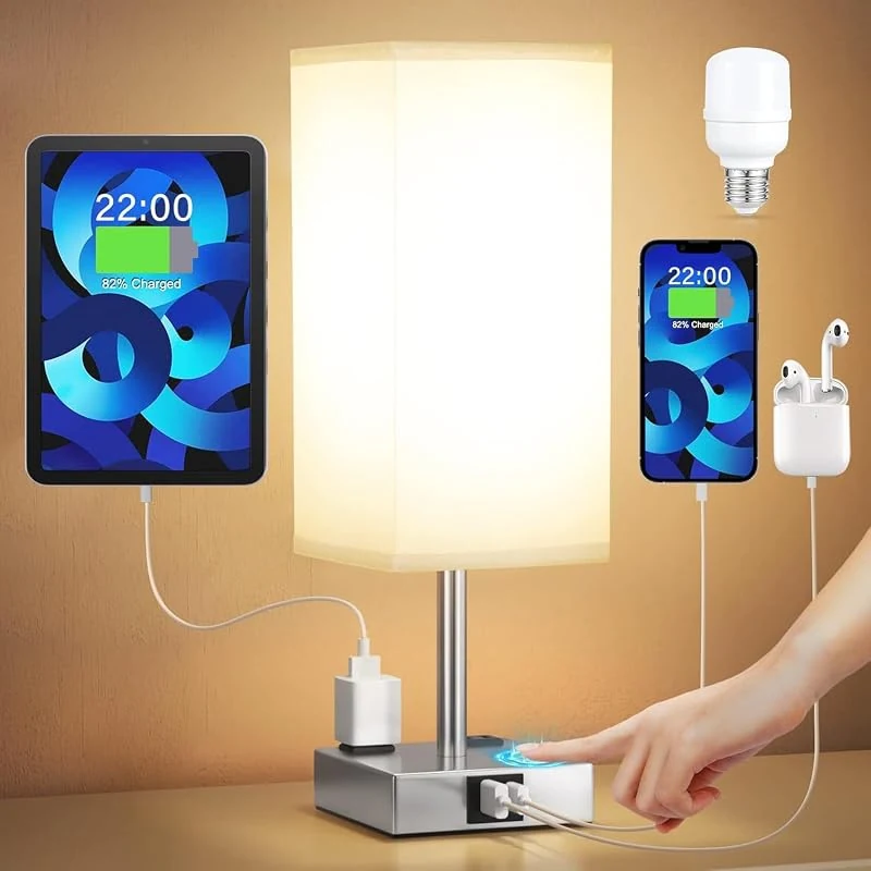 3-Way Dimmable Touch Bedside Lamp – USB A & Type C Ports, Small Desk Light with E26 LED Bulb