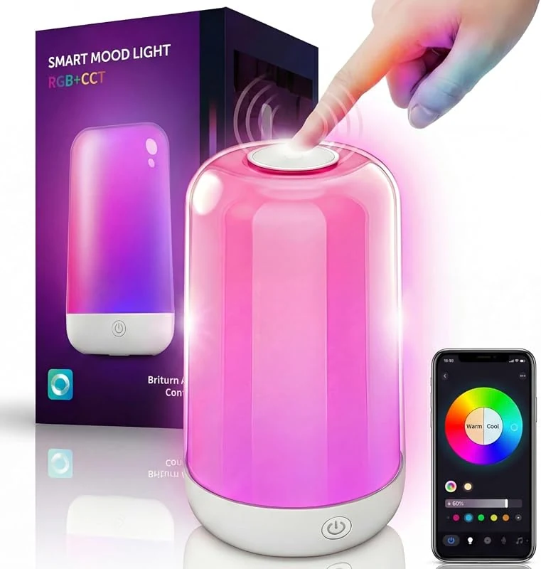 Smart Touch Bedside Lamp with App Control, Rechargeable RGB Night Light for Kids & Living Room
