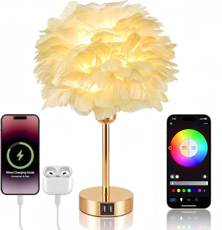 Smart Feather Table Lamp with Alexa Control - Touch Dimmable, USB Charging for Modern Living