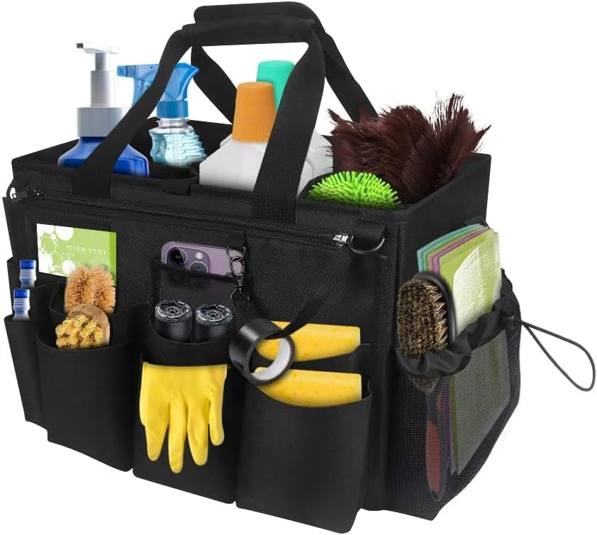 Portable Cleaning Caddy with Handle, Foldable Tool Bag Organizer for Household Supplies – Durable Black Design