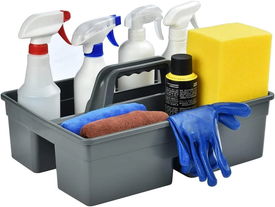AMERTEER 3-Compartment Plastic Cleaning Caddy Organizer with Handle – Gray