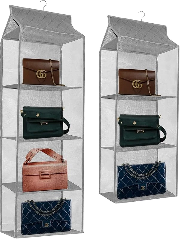 2 Pack Hanging Handbag Purse Organizer for Closet with 4 and 3 Shelves - Space Saving Storage Solution