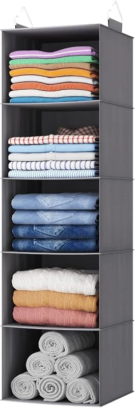 Lifewit Hanging Closet Organizer with 5 Shelves and Strong Hooks, Foldable, Grey