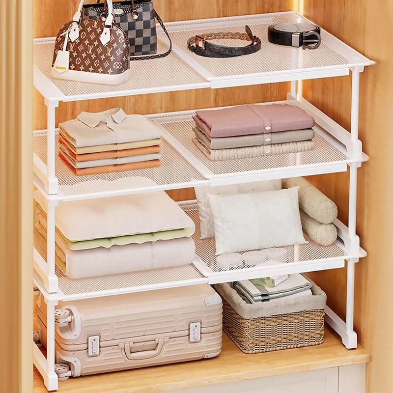 Beauenty Expandable Stackable Closet Tension Shelf - Adjustable Metal Organizer for Wardrobe and Kitchen
