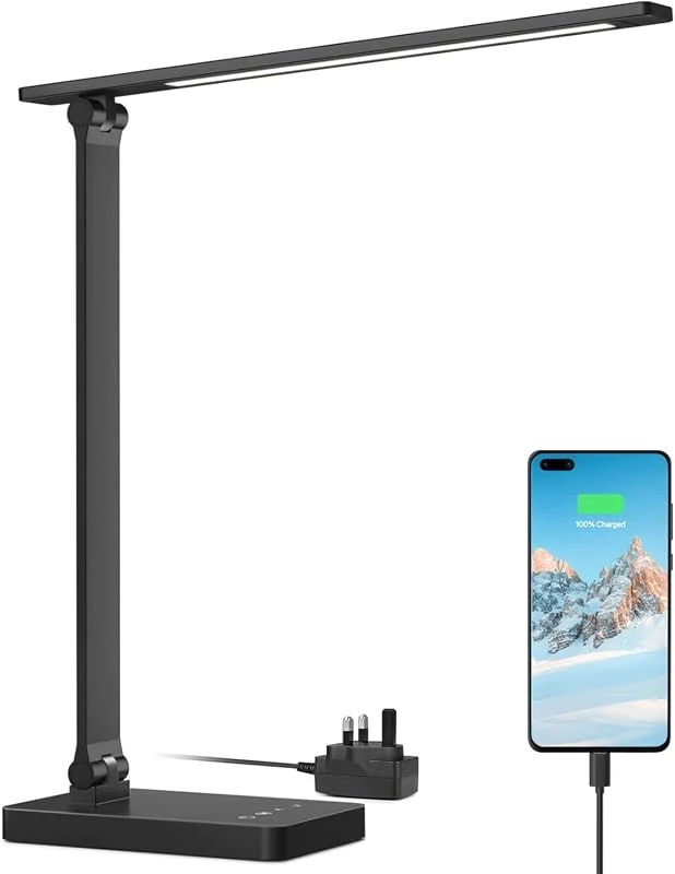 Lepro LED Desk Lamp with USB Charging, 5 Brightness Levels & 3 Color Modes for Eye Care