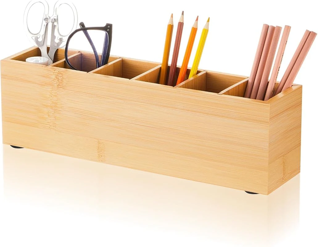 Stylish Wooden Pencil Pen Holder with 6 Compartments for Desk, Adjustable Caddy for Makeup & Office