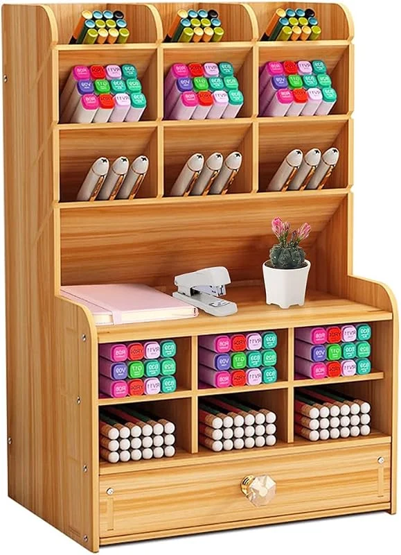 Upgraded Wooden Pencil Holder with 15 Compartments and Drawer for Easy Desk Organization