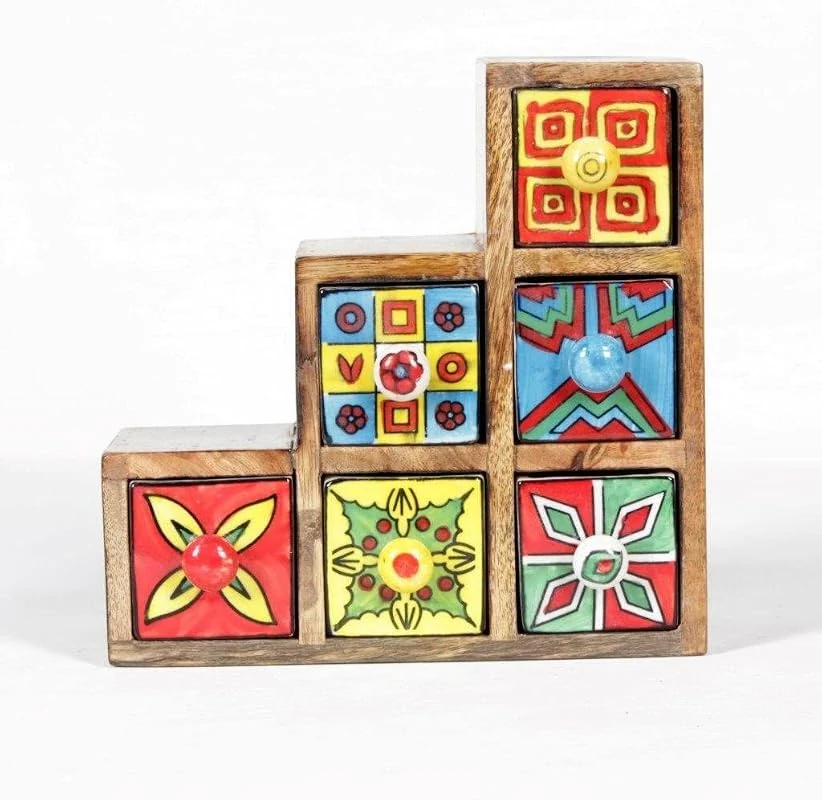 Acewood Wooden Chest with Ceramic Drawers for Jewelry Storage and Desk Organization