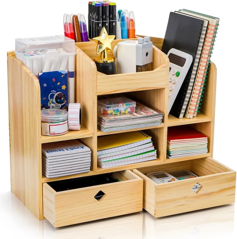 Wooden Desk Organizer with 10 Compartments for Office Supplies, Makeup, and More
