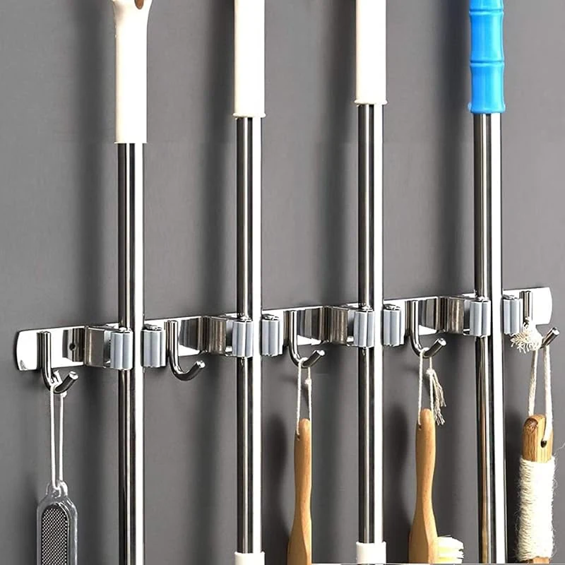 Stainless Steel Wall Mount Broom Mop Holder with 4 Racks and 5 Hooks for Home and Garden Organization