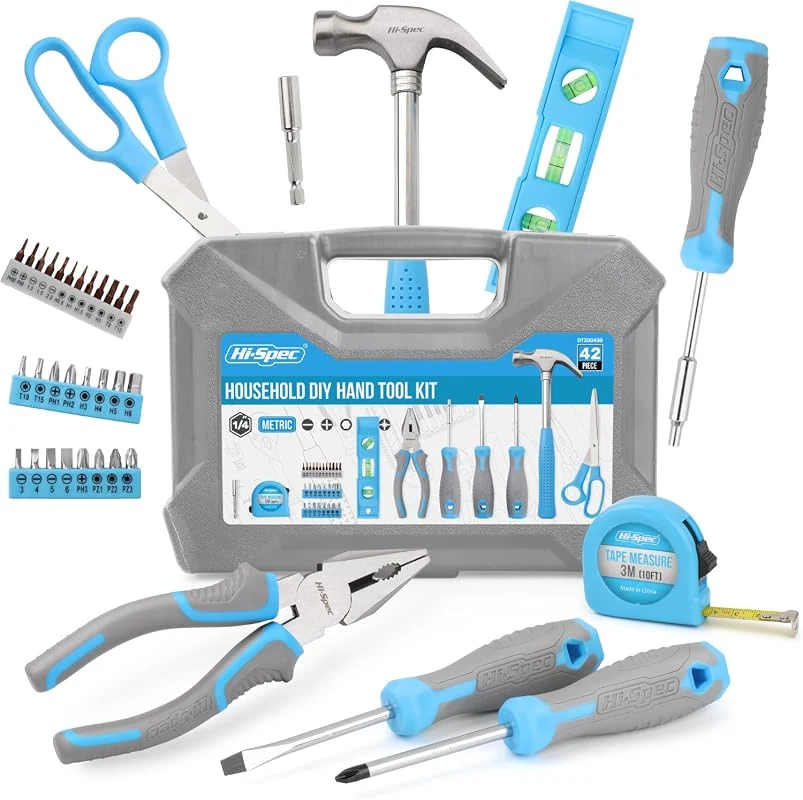 Hi-Spec Starter Household DIY Tool Kit with 42 Pieces for Easy Home Repairs and Storage