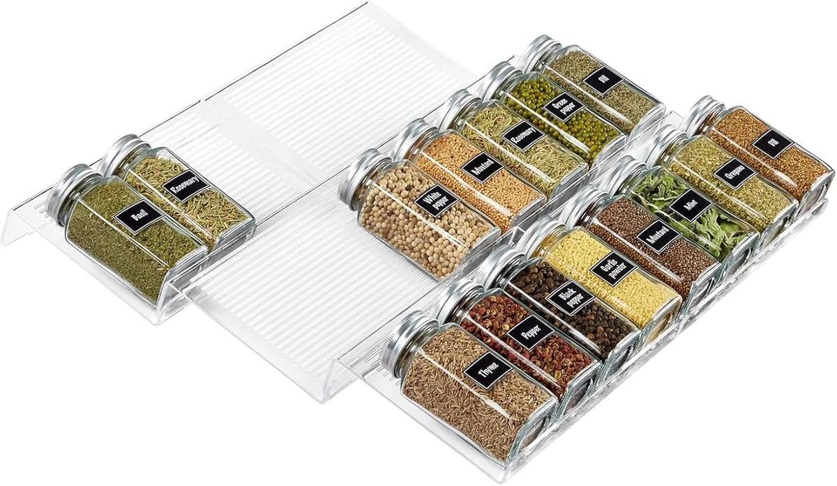 Lifewit Adjustable Plastic Spice Tray, 3-Tier Kitchen Drawer Organizer for 24 Condiment Jars, Transparent