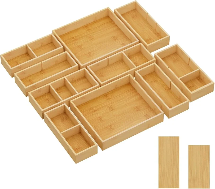 Lifewit 10 Pack Drawer Organizers with 12 Inserts, Adjustable Bamboo Trays for Kitchen and Office Storage