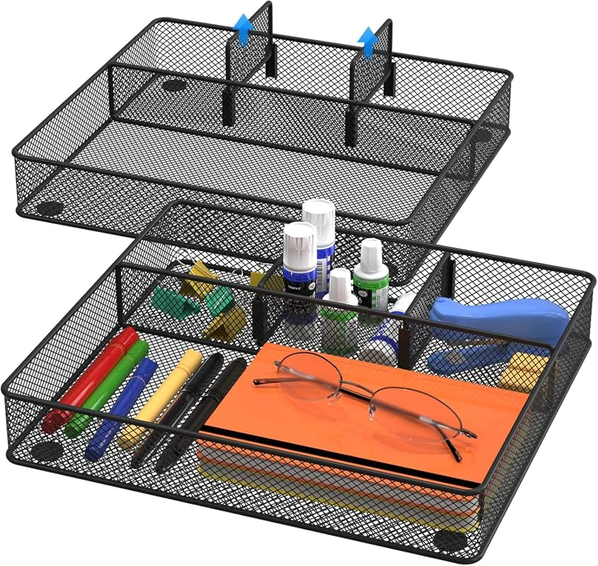 VyGrow Metal Mesh Desk Drawer Organizer Tray with Adjustable Compartments, 2 Pack for Home Office