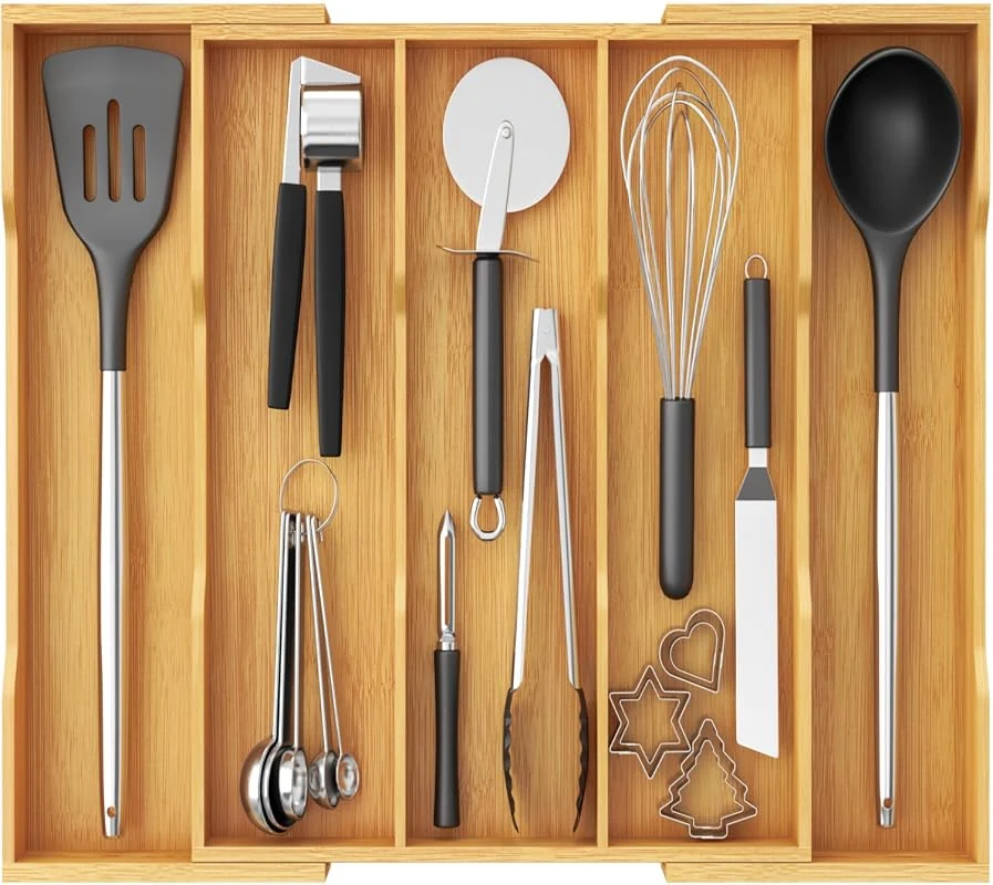 Lifewit Bamboo Utensil Organizer: Expandable Kitchen Drawer Tray for Cooking Tools, Natural Wood Design