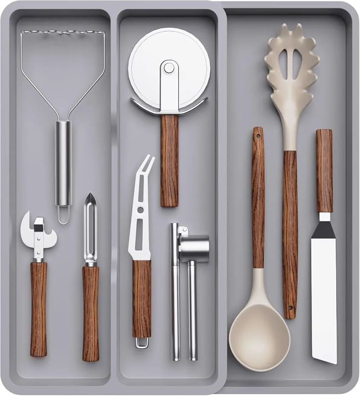 Lifewit Expandable Utensil Organizer: Adjustable Kitchen Drawer Tray for Cooking Silverware, Gray