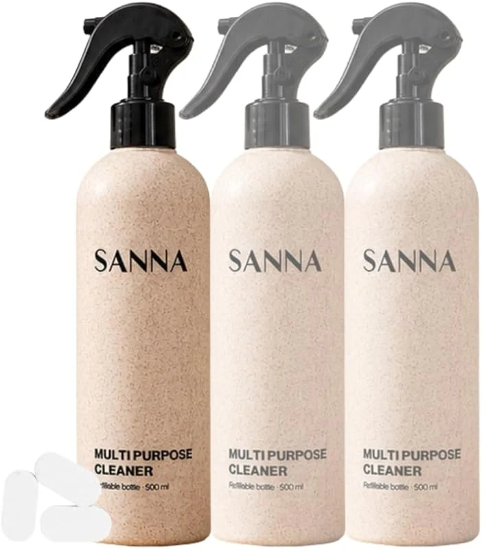 SANNA Plant-Based All Purpose Surface Cleaner Spray Starter Kit with Reusable Bottle and 3 Refill Tablets