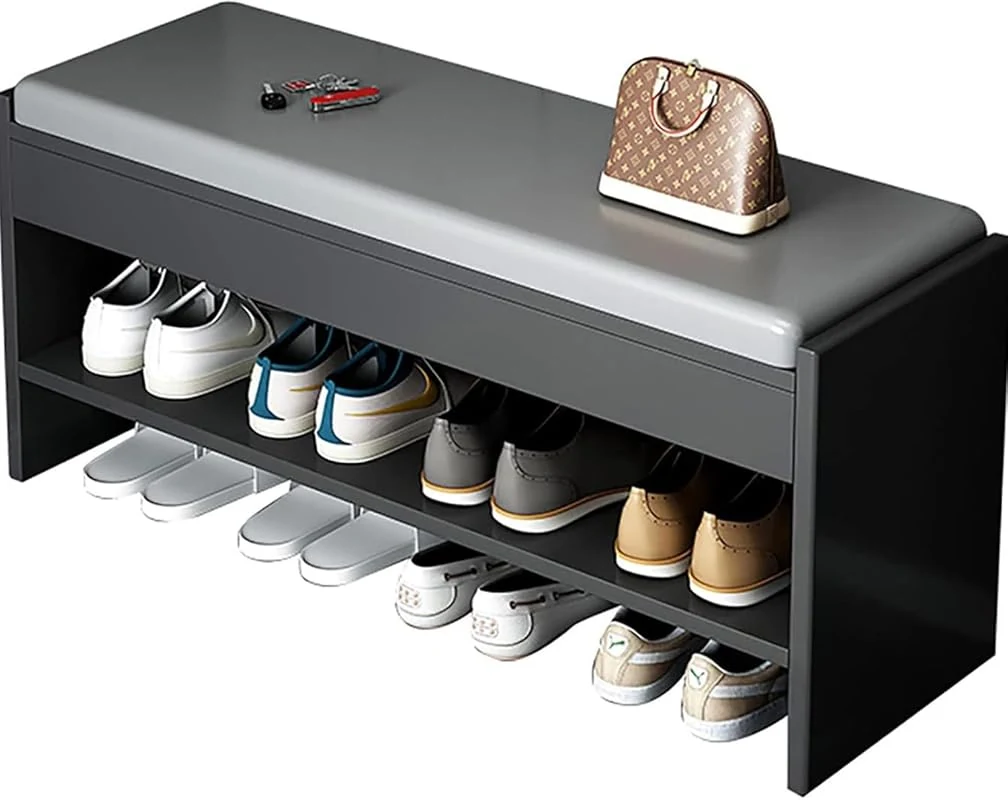 ALMEKAQUZ Shoe Rack Bench with Hidden Storage, Cushioned Seat for Entryway, Black Organizer