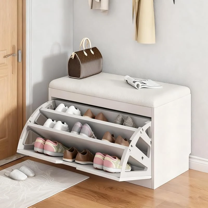 Modern Shoe Storage Bench with Hidden Rack, Leather Seat, Stylish Entryway Organizer
