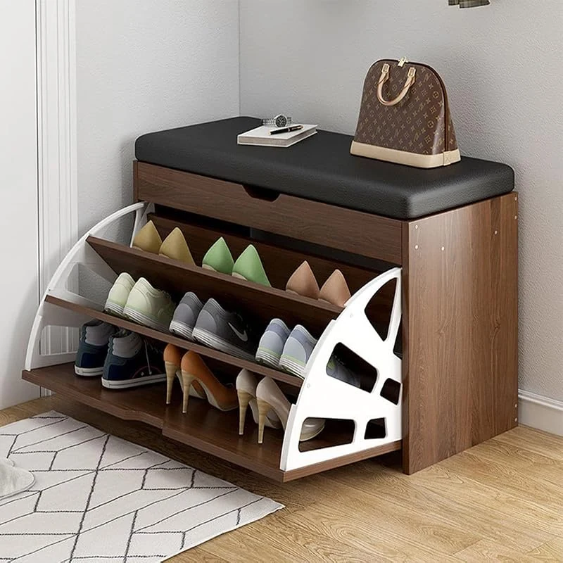 Leather Shoe Cabinet with Hidden Storage, Modern Entryway Bench Organizer