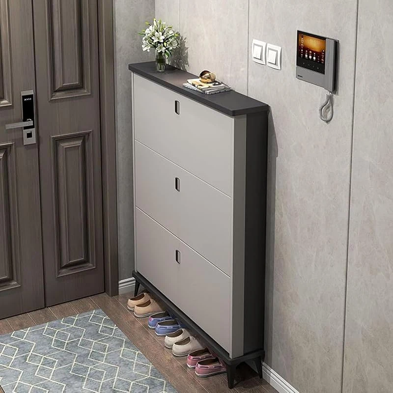 Slim Modern Shoe Storage Cabinet with 3 Flip Drawers, Freestanding Wooden Organizer for Entryway
