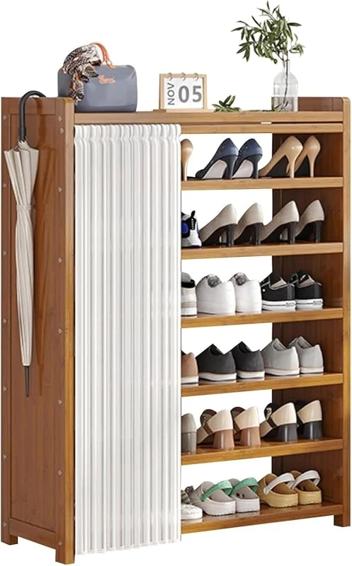 ROUNY 7-Tier Wooden Shoe Rack with Adjustable Shelves, Multi-Function Storage for Entryway