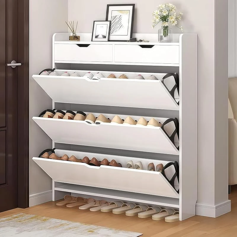 JOMILA Modern Shoe Organizer with 3 Flip Drawers, Slim Wall Mount Design for Entryway