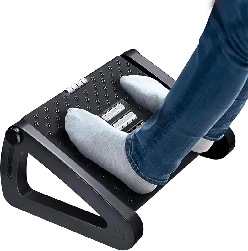 Ergonomic Foot Rest for Under Desk - 6 Adjustable Heights with Massage Rollers for Office Use (Black)