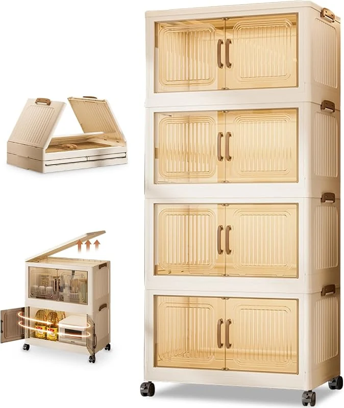 4 Tier Stackable Storage Bins with Lids – Foldable Organizer with Wheels for Clothes & Toys