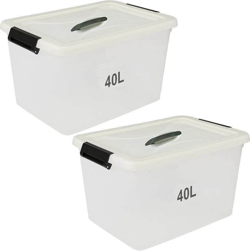 Premium 40L Clear Plastic Storage Boxes - Stackable, Lockable Organizers for Home, Office, and Garage Use