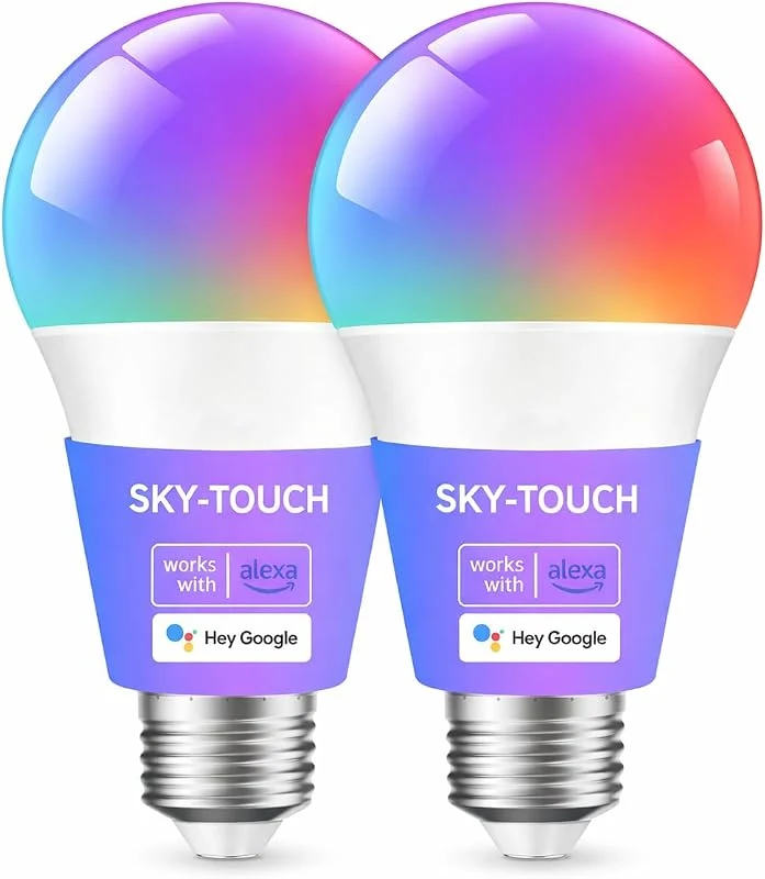 SKY-TOUCH 2Pcs Smart LED Bulb with Alexa, WiFi, and Bluetooth Control, RGB Color Options