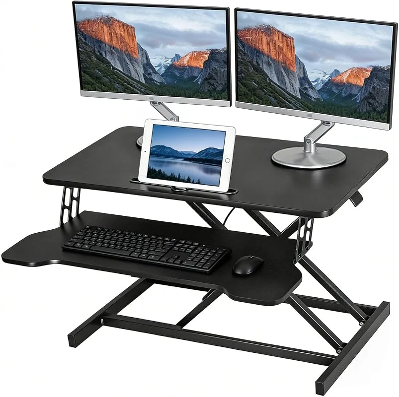SKY-TOUCH 32” Wide Height Adjustable Standing Desk Converter with Keyboard Tray for Home Office