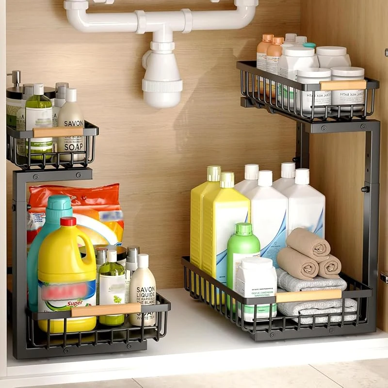 Height Adjustable Under Sink Organizer, 2-Tier Pull Out Drawer for Kitchen and Bathroom Storage