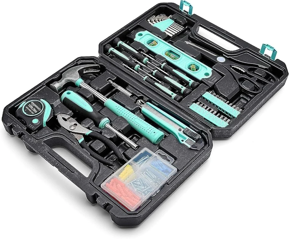 Amazon Basics 142-Piece Household Tool Kit for Home Repair with Storage Case, Turquoise Color