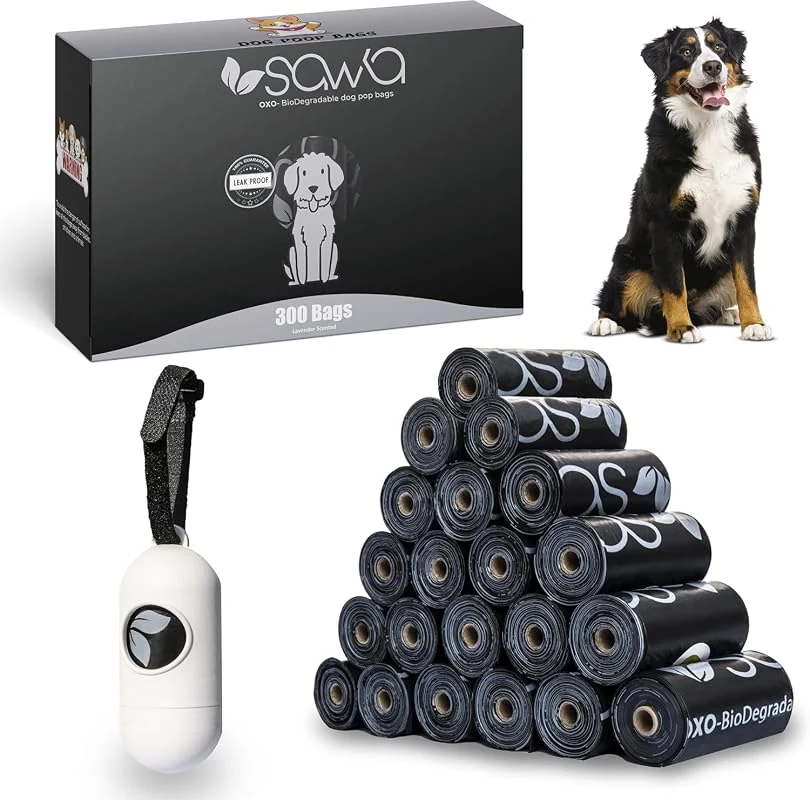 SAWA Lavender Scented Dog Poop Bags, 300 Count, Biodegradable with Dispenser and Leash Clip