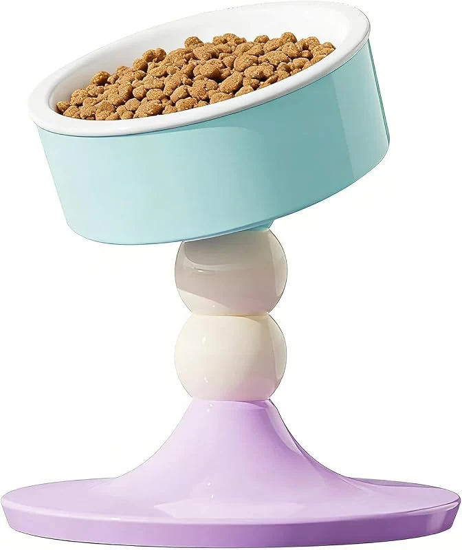 Elevated Ceramic Pet Bowl with Adjustable Height, 20° Tilt, and Rotatable Design for Cats and Small Dogs