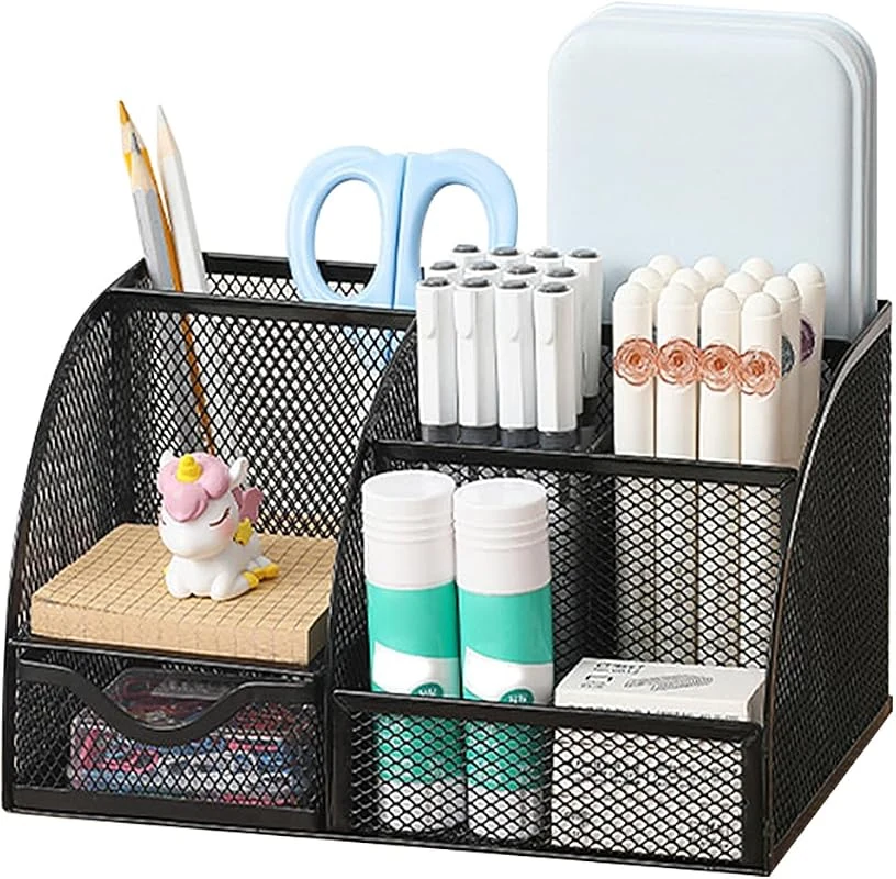 Multi-Functional Mesh Desk Organizer with 6 Compartments and Drawer for Office Supplies