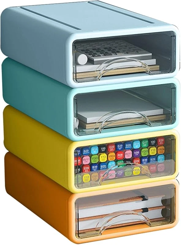 Clear Stackable Desk Organizer Drawer Set for Office and Home Storage - 4 Pack