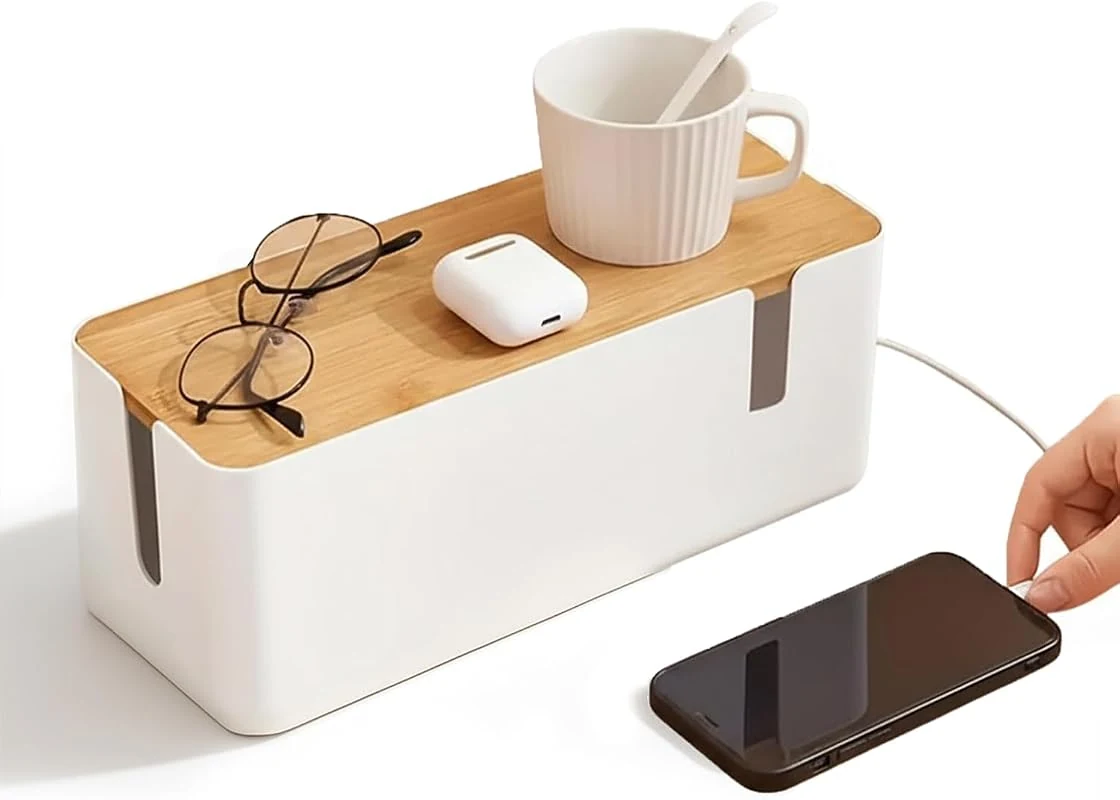 AMERTEER Cable Management Box with Bamboo Lid for Hiding Cords and Power Strips Under Desk