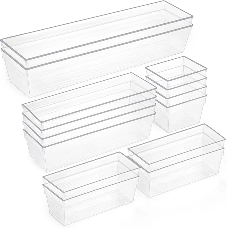 SKY-TOUCH 14pcs Clear Plastic Drawer Organizer Set for Kitchen, Office, Bathroom, and Vanity Storage