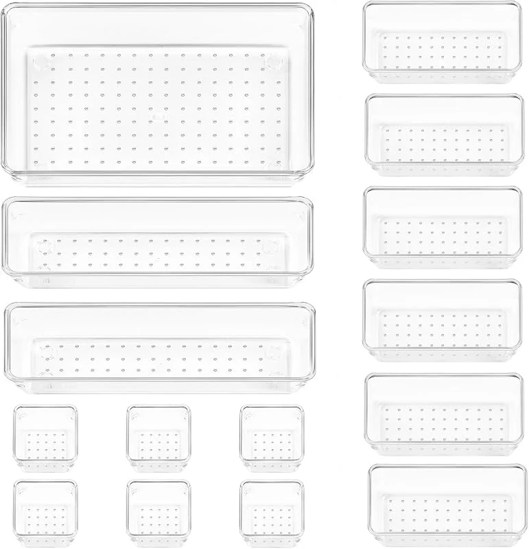 Vtopmart 15 PCS Clear Plastic Drawer Organizer Set for Versatile Makeup, Office, and Kitchen Storage