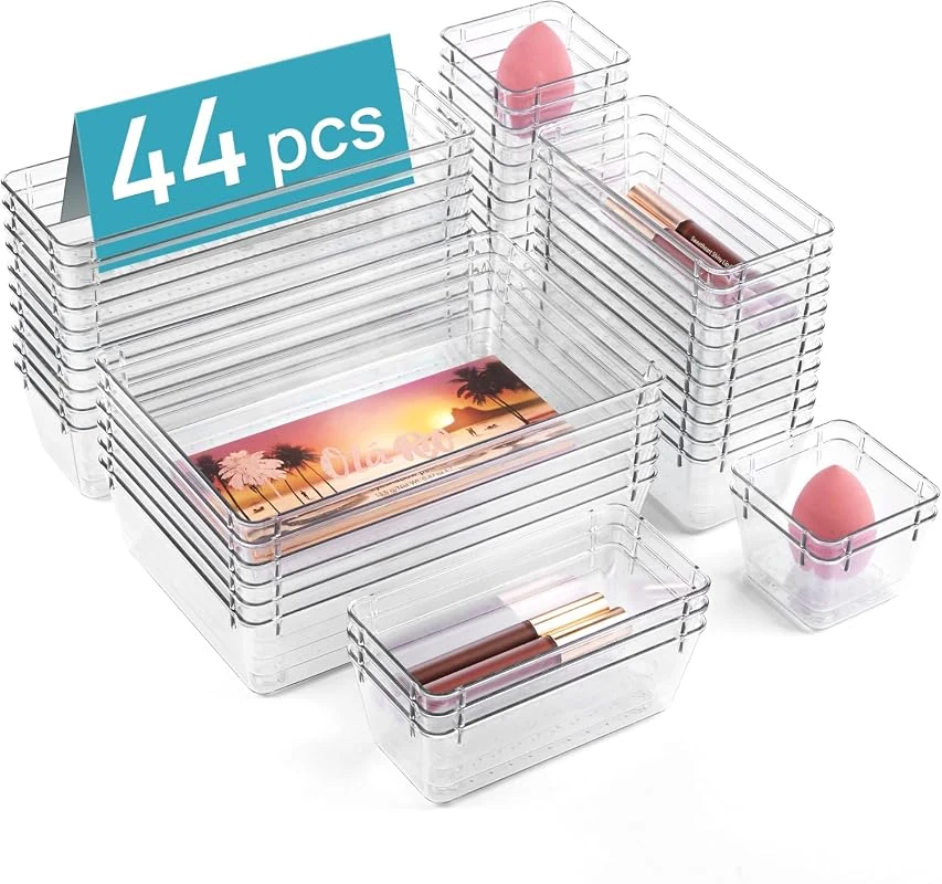 Vtopmart 44 PCS Clear Plastic Drawer Organizers for Makeup, Jewelry, Kitchen Utensils, and Office Storage Solutions
